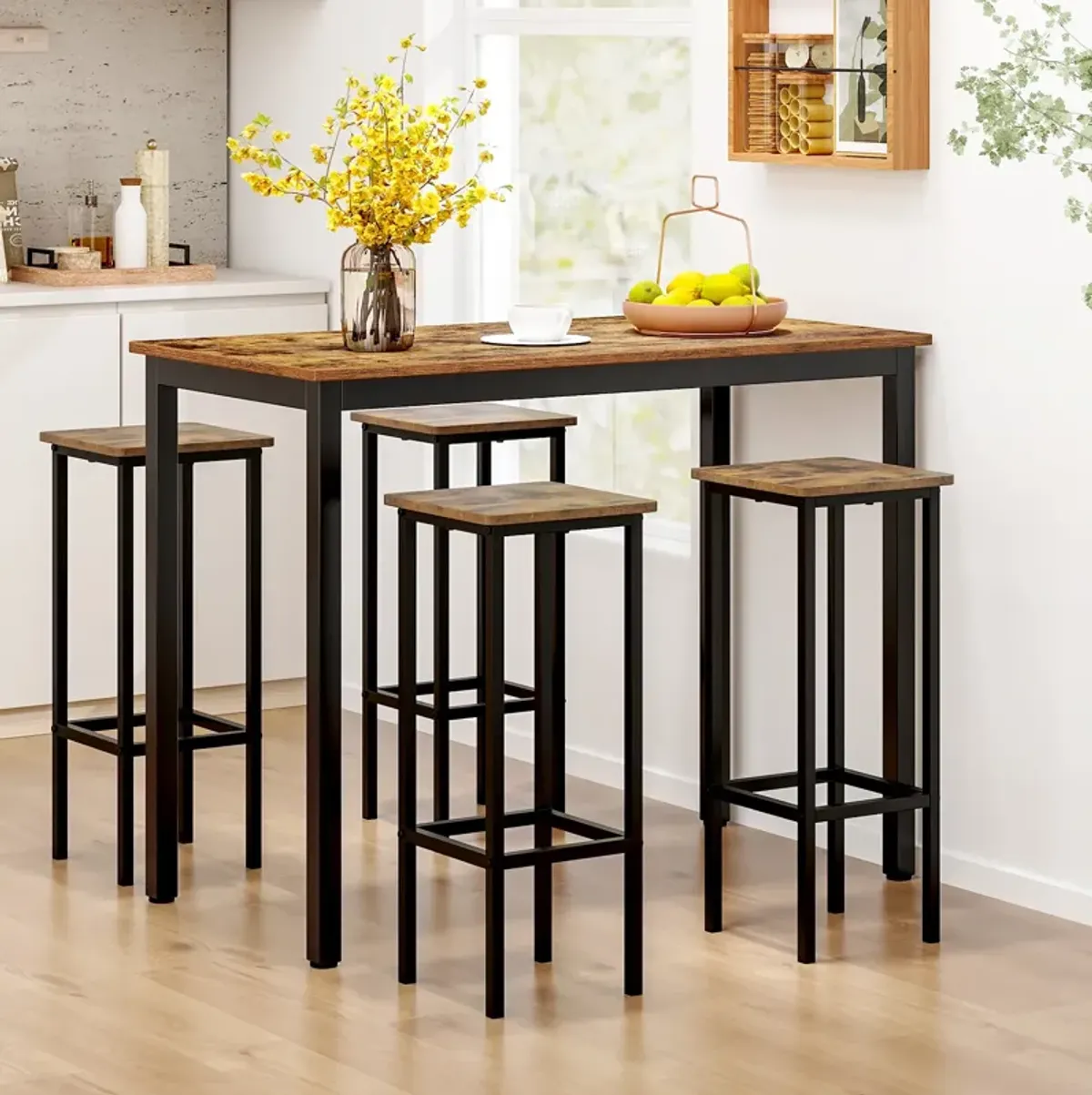 Set of 4 Bar Stools with Metal Legs and Footrest – Stylish and Durable Seating for Any Space