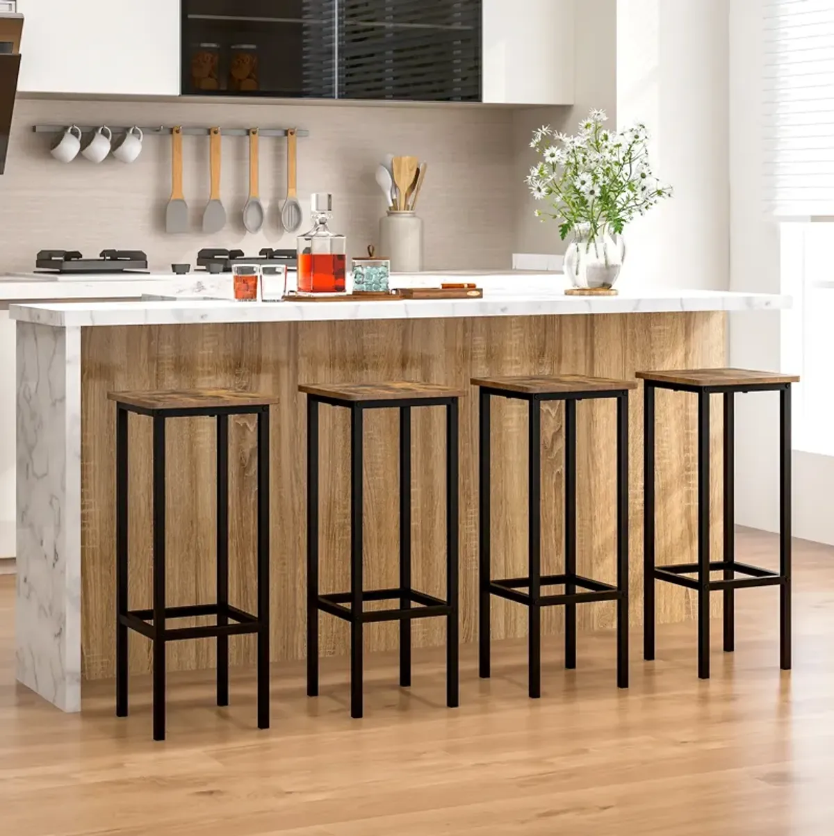 Set of 4 Bar Stools with Metal Legs and Footrest – Stylish and Durable Seating for Any Space