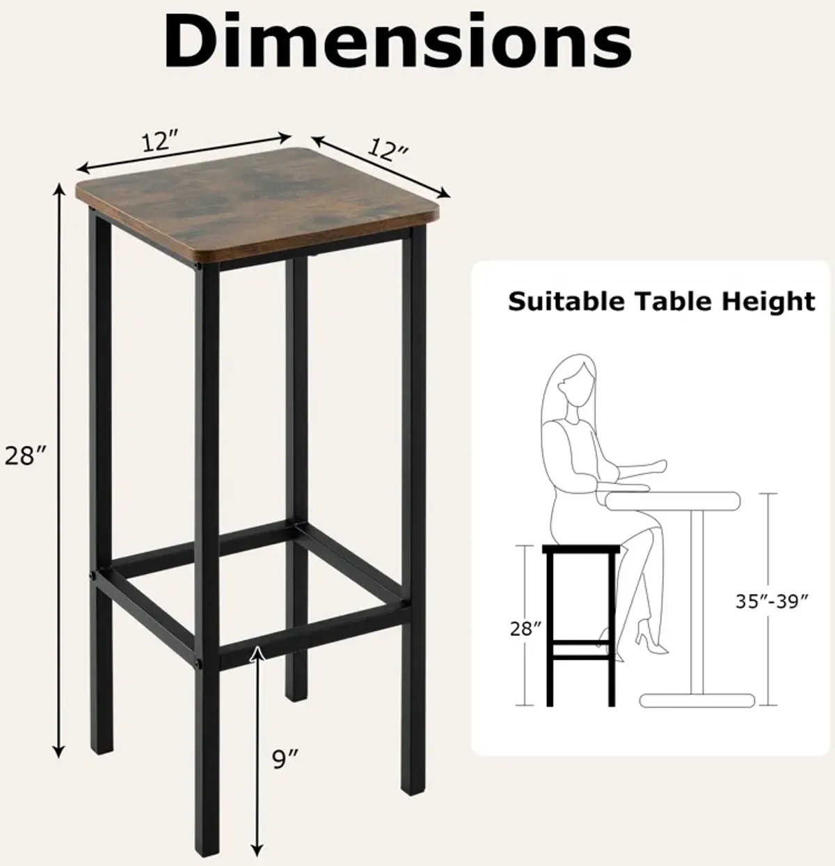 Set of 4 Bar Stools with Metal Legs and Footrest – Stylish and Durable Seating for Any Space