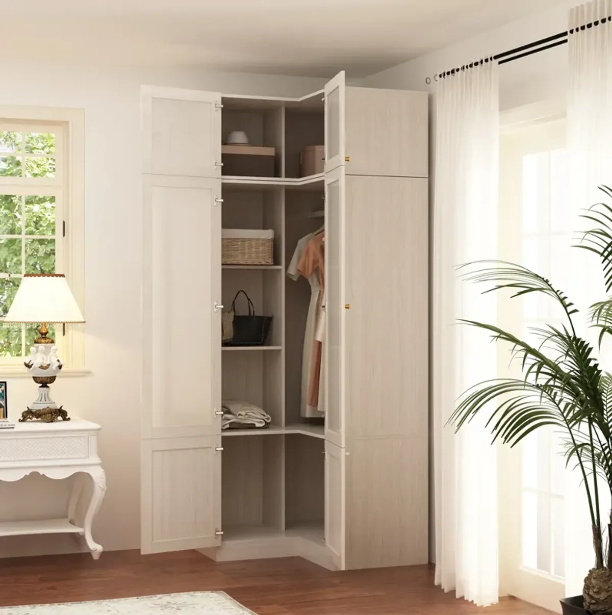 FUFU&GAGA Corner Wardrobe Closet with Frosted Glass Doors and Shelves for Bedroom (86.6" H x 35.4" W x 35.4" D) Brown