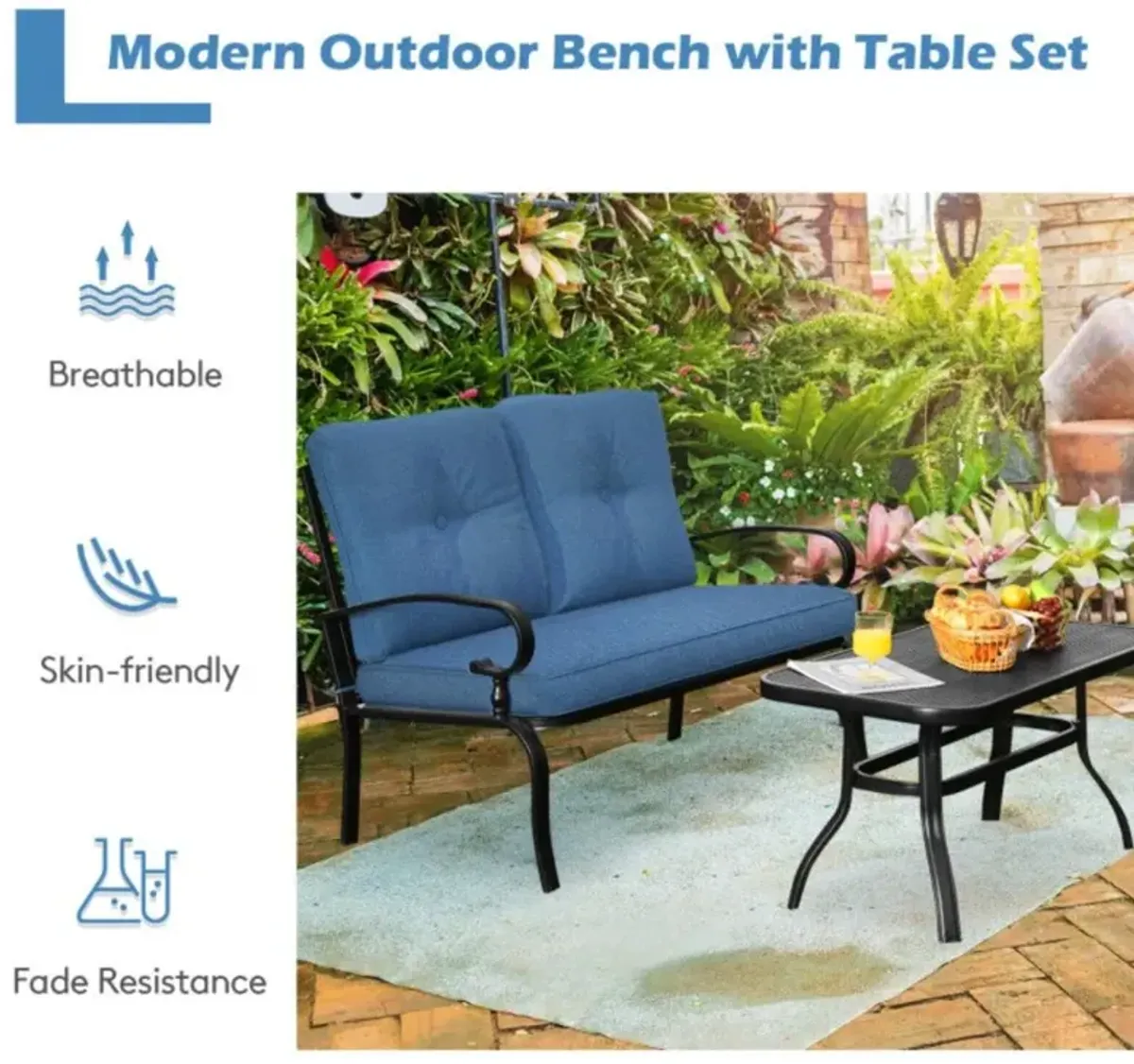 Hivvago 2 Pieces Patio Loveseat Bench Table Furniture Set with Cushioned Chair