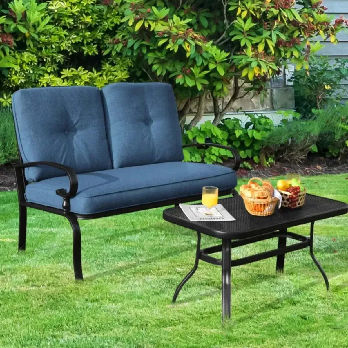 Hivvago 2 Pieces Patio Loveseat Bench Table Furniture Set with Cushioned Chair