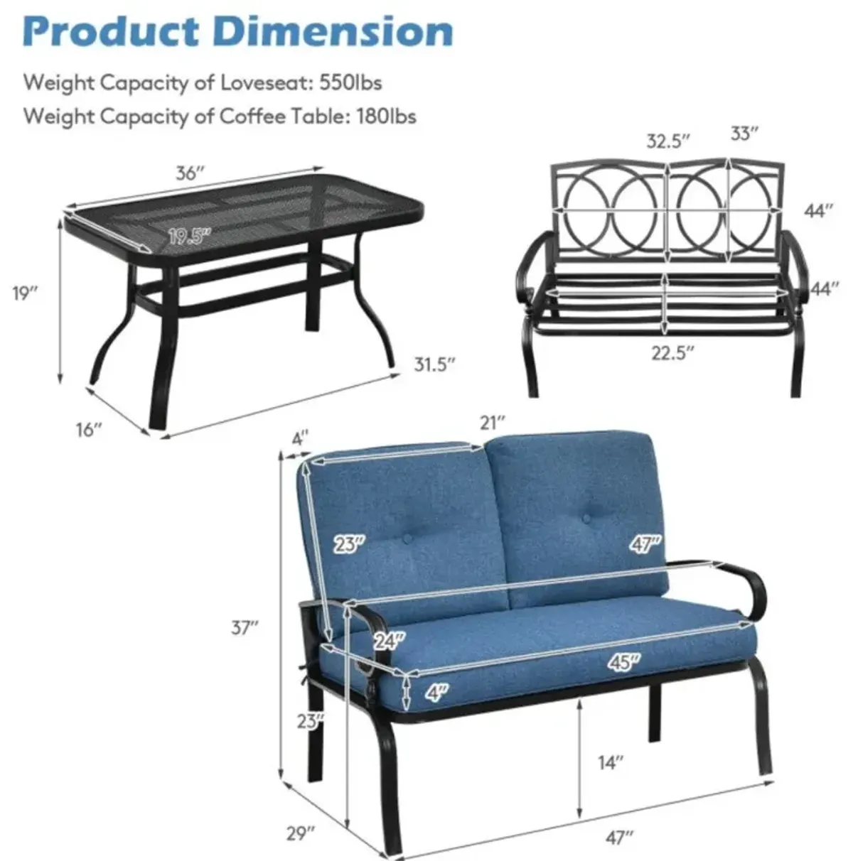 Hivvago 2 Pieces Patio Loveseat Bench Table Furniture Set with Cushioned Chair