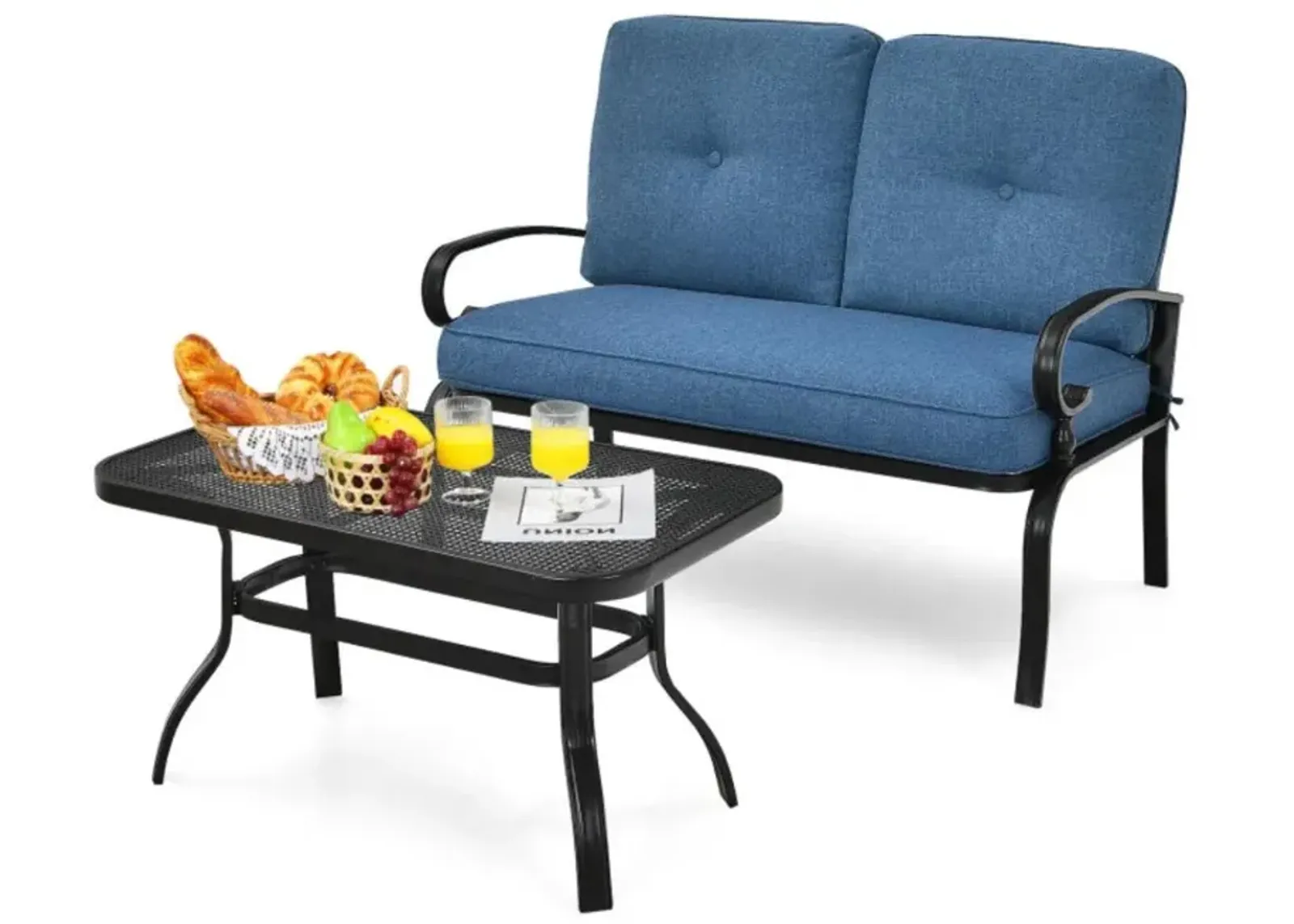 Hivvago 2 Pieces Patio Loveseat Bench Table Furniture Set with Cushioned Chair