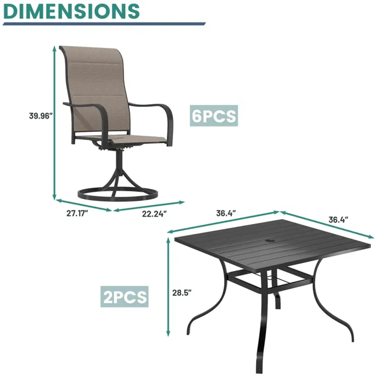 MONDAWE 8-Piece Dining Set With 2 Pcs Square Steel Tables And 6 Pcs Steel Textiliene Dining Swivel Chairs