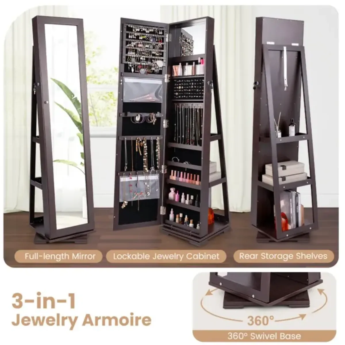 Hivvago 360Â° Rotatable 2-in-1 Lockable Jewelry Cabinet with Full-Length Mirror