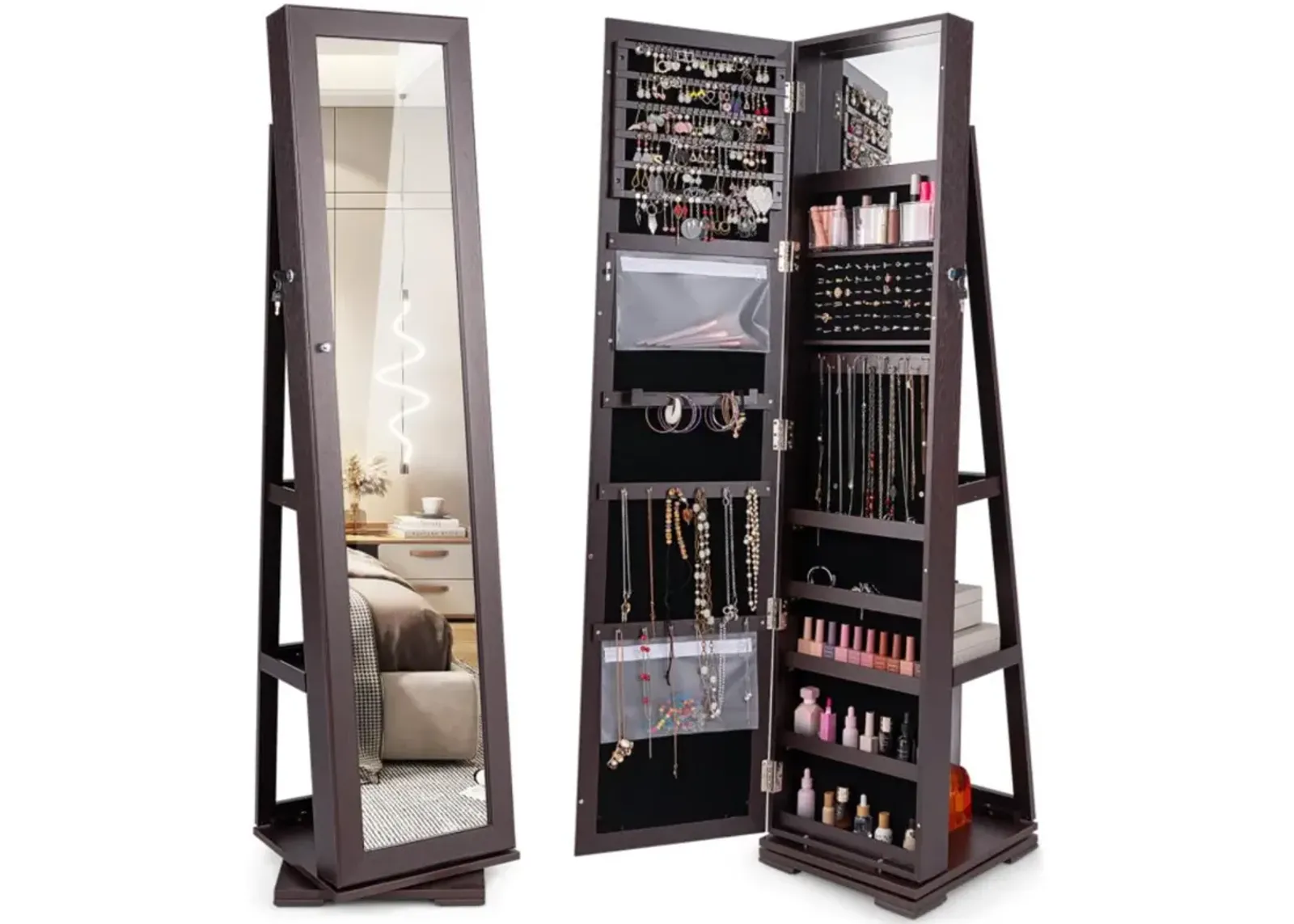 Hivvago 360Â° Rotatable 2-in-1 Lockable Jewelry Cabinet with Full-Length Mirror