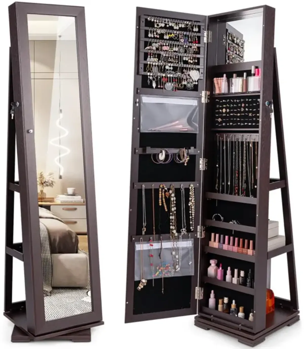 Hivvago 360Â° Rotatable 2-in-1 Lockable Jewelry Cabinet with Full-Length Mirror