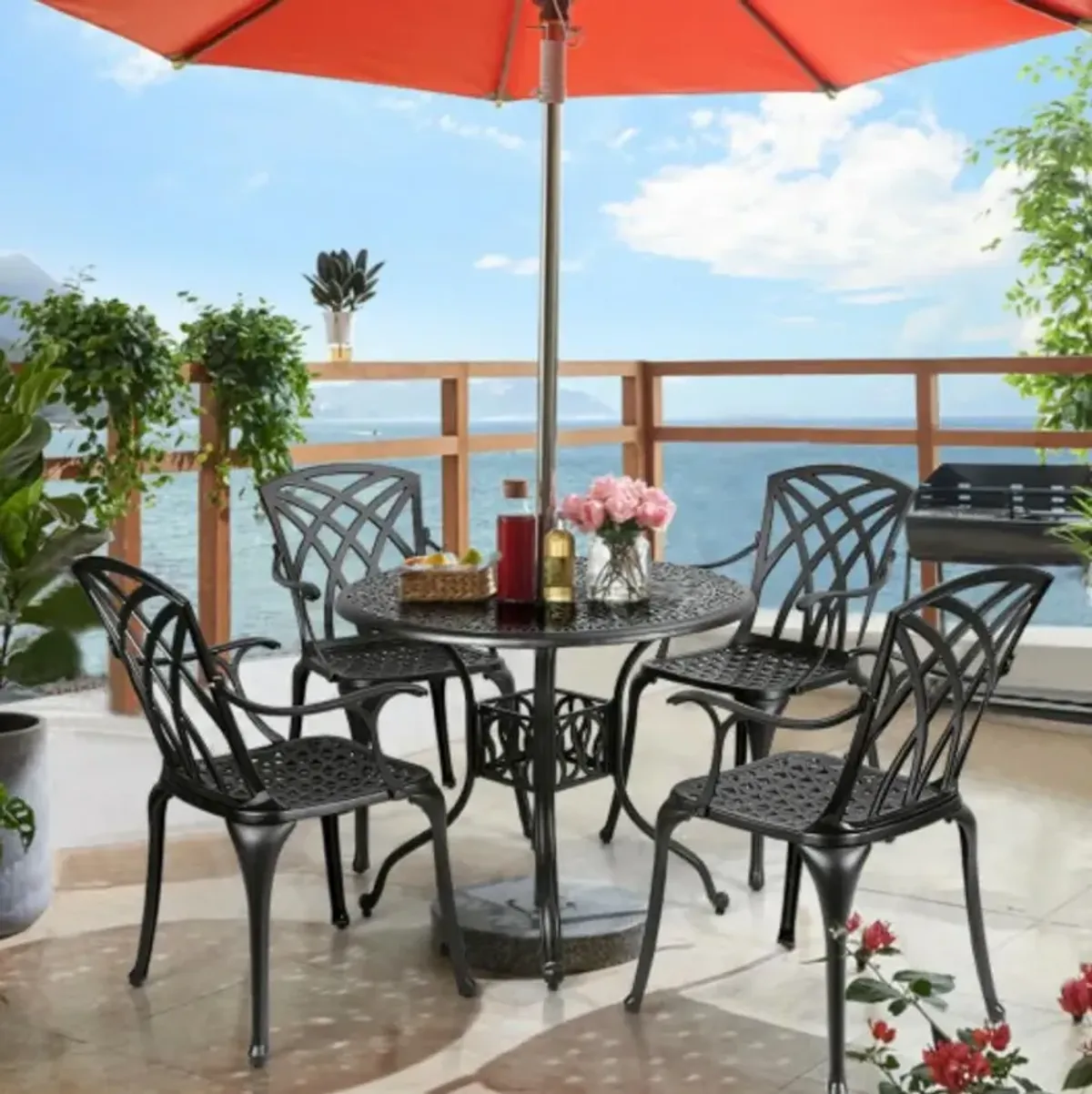 5 Pieces Outdoor Cast Aluminum Patio Dining Set with Umbrella Hole