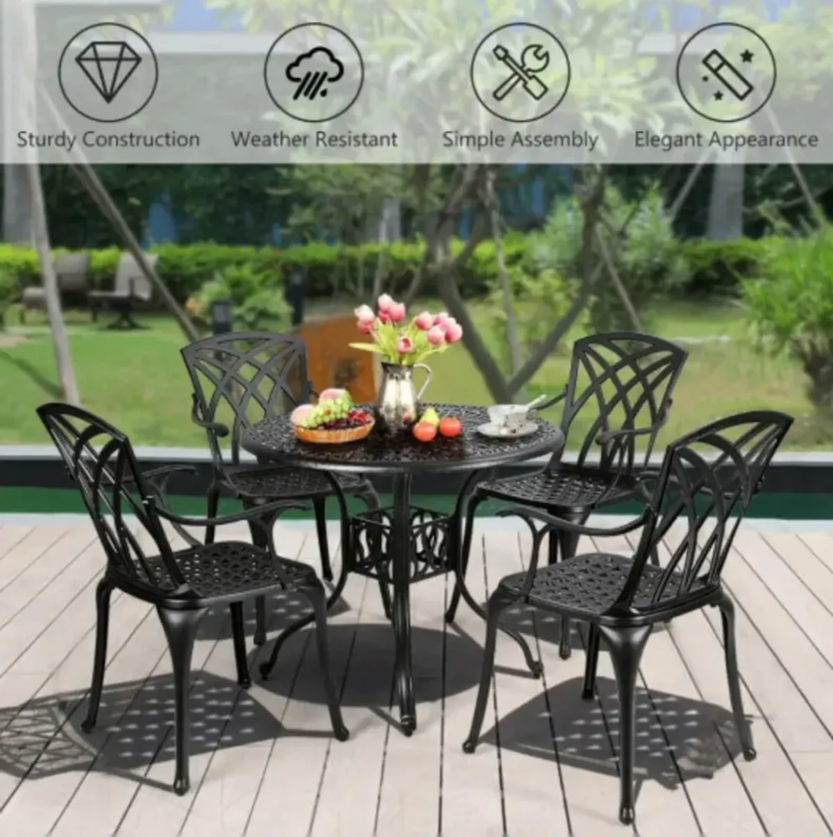 5 Pieces Outdoor Cast Aluminum Patio Dining Set with Umbrella Hole