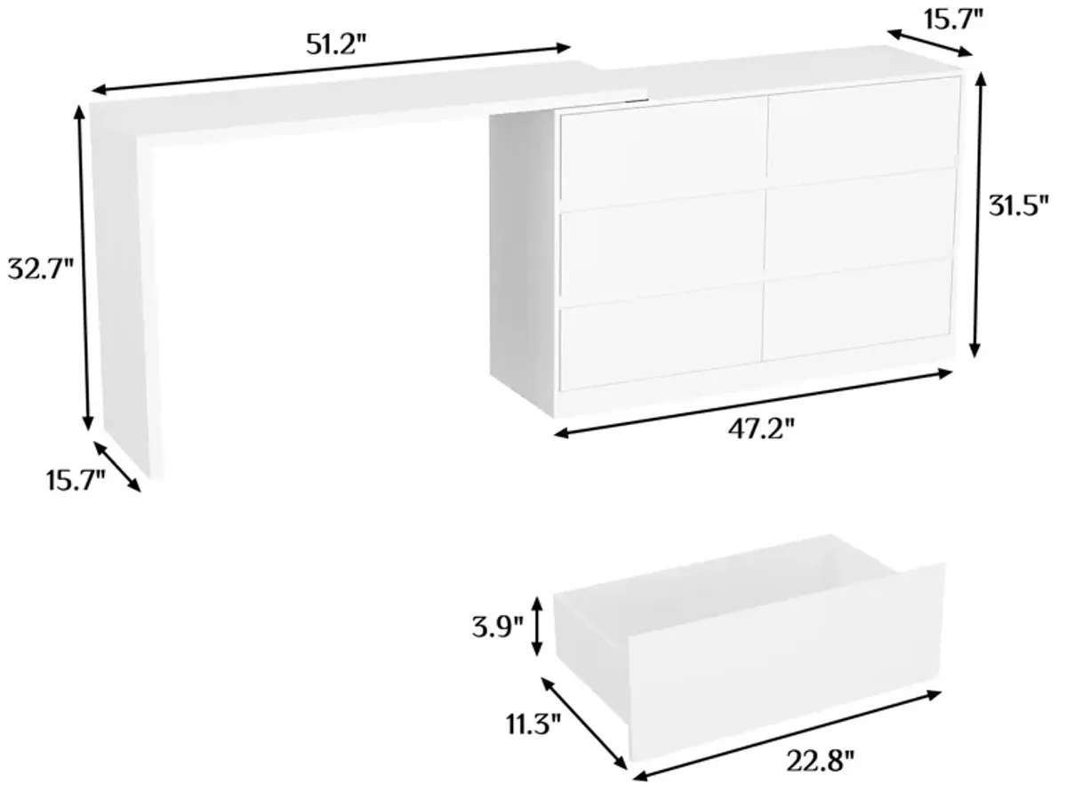 6-Drawer L-Shaped Chest of Drawers Cabinet with Rotatable Desktop 47.2 in. W x 51.2 in. D x 32.7 in. H