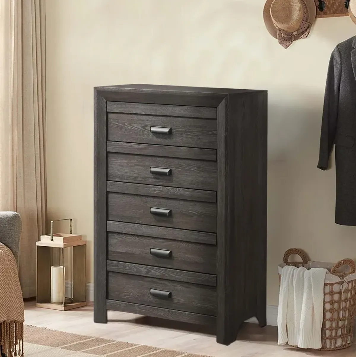 Chest with 5 Storage Drawers and Metal Pulls, Taupe Brown - Benzara