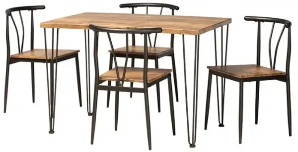 Industrial Natural Brown Finished Wood and Dark Bronze Metal 5-Piece Dining Set
