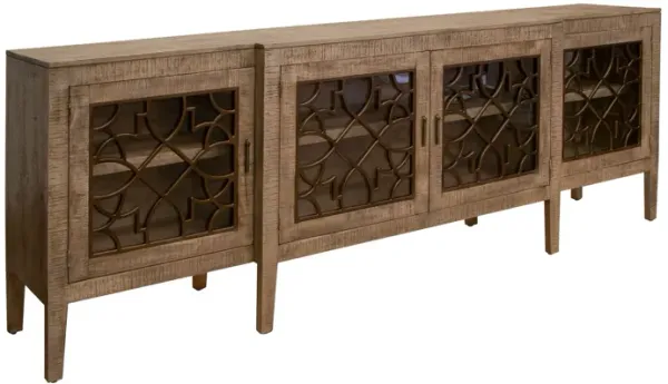 Medo 107 Inch Sideboard Console, Brown Pine Wood, 4 Doors, Metal Handles - Benzara
