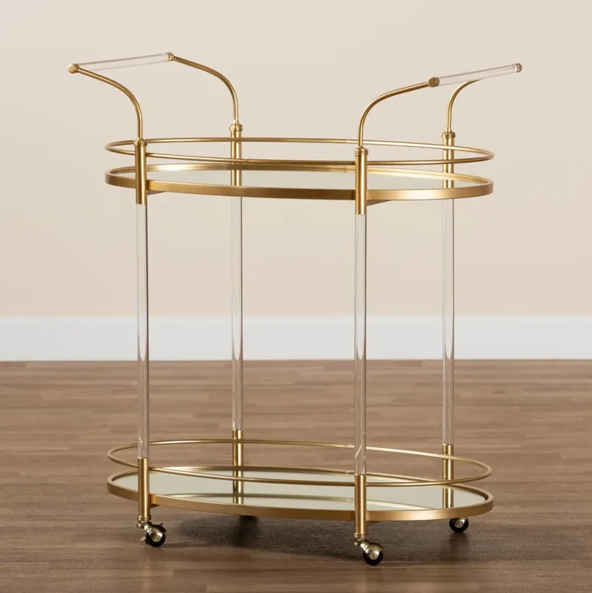 Baxton Studio Nakano Contemporary Glam Gold Metal and Mirrored Glass 2 Tier Wine Cart