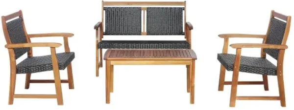 Hivvago 4 Pieces Outdoor Patio Rattan Furniture Sofa Set with Acacia Wood Frame