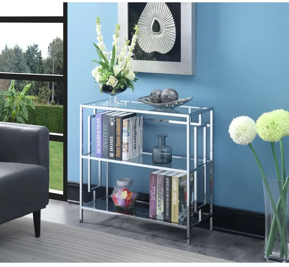 Convenience Concepts Town Square 3-Tier Bookcase, Clear Glass/Chrome Frame