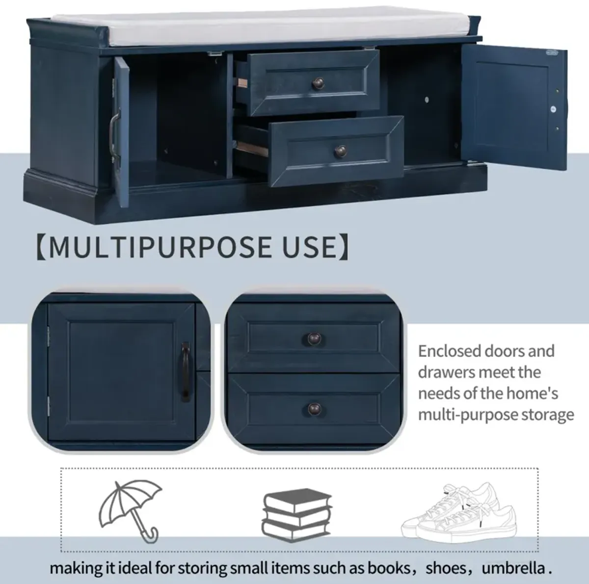 Storage Bench With 2 Drawers And 2 Cabinets, Shoe Bench With Removable Cushion For Living Room