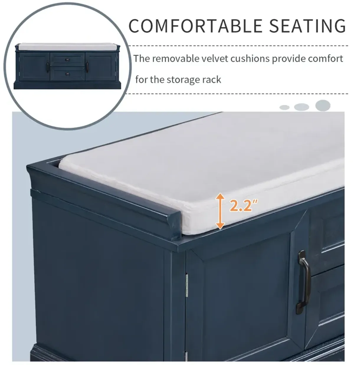 Storage Bench With 2 Drawers And 2 Cabinets, Shoe Bench With Removable Cushion For Living Room