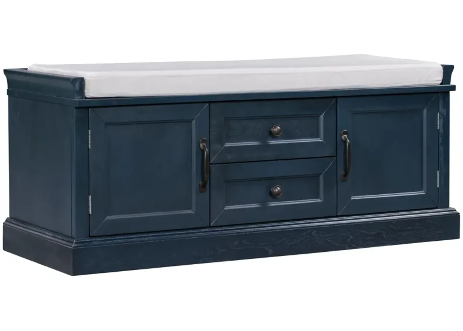 Storage Bench With 2 Drawers And 2 Cabinets, Shoe Bench With Removable Cushion For Living Room