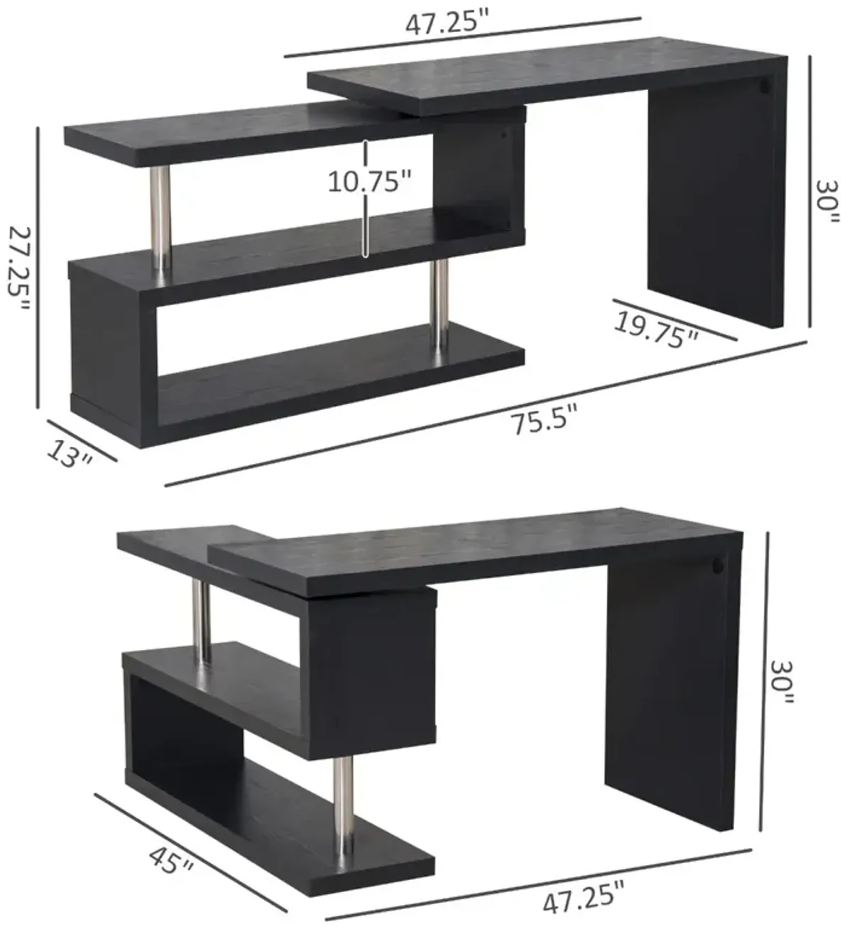 Black Home Office Hub: 360° Rotating L-Shaped Desk with Storage Shelves