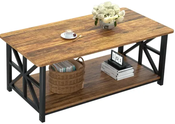 GreenForest Coffee Table with Round Corner, Farmhouse Center Table with 2-Tier Storage Shelf X-Frame Design for Living Room, 39