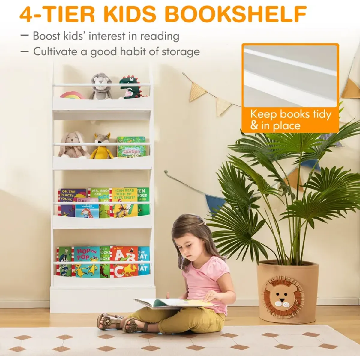 4-Tier Bookshelf with 2 Anti-Tipping Kits for Books and Magazines