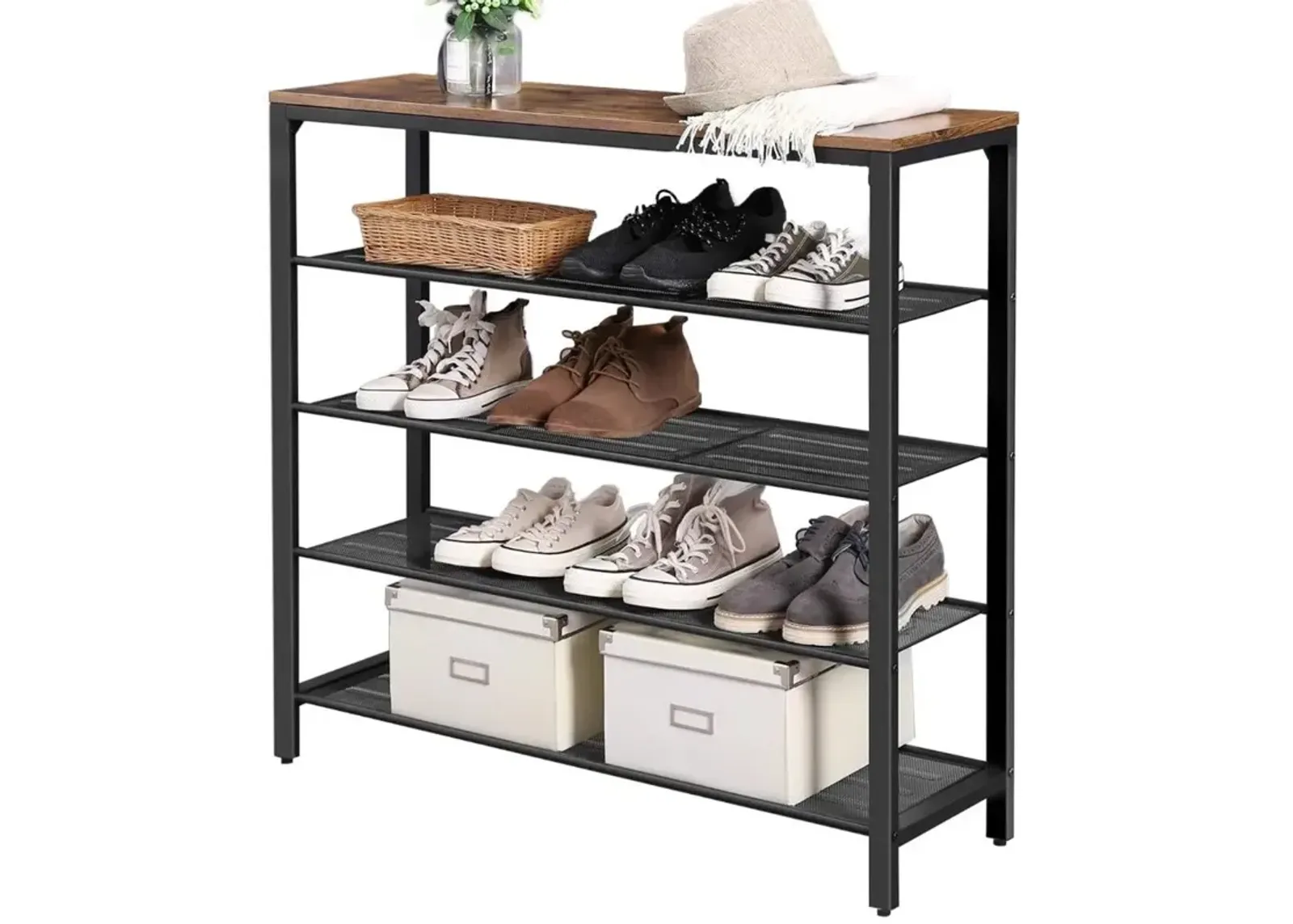 Modern Industrial Style 5-Tier Black Metal Shoe Rack with Brown Wood Top