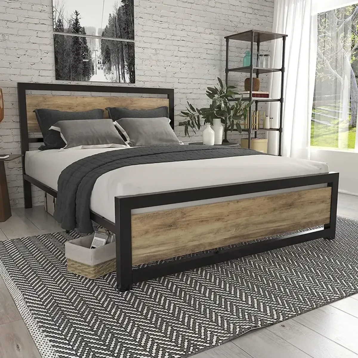 QuikFurn Full Metal Platform Bed Frame with Brown Wood Panel Headboard and Footboard