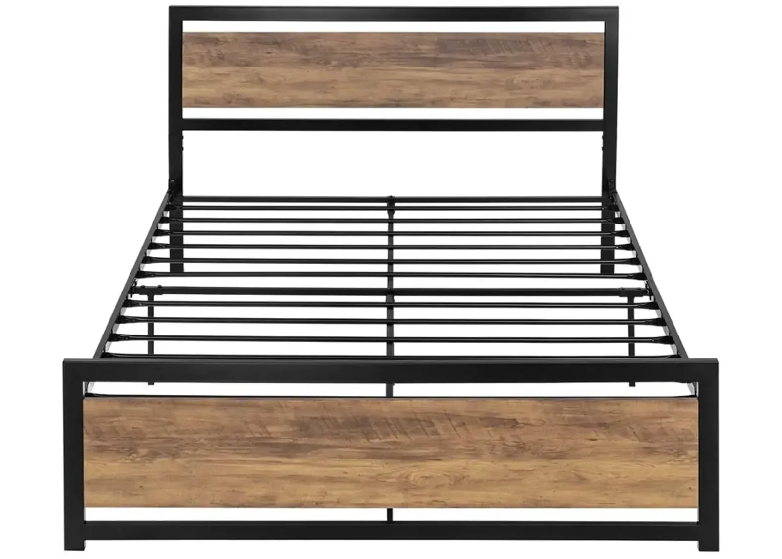 QuikFurn Full Metal Platform Bed Frame with Brown Wood Panel Headboard and Footboard