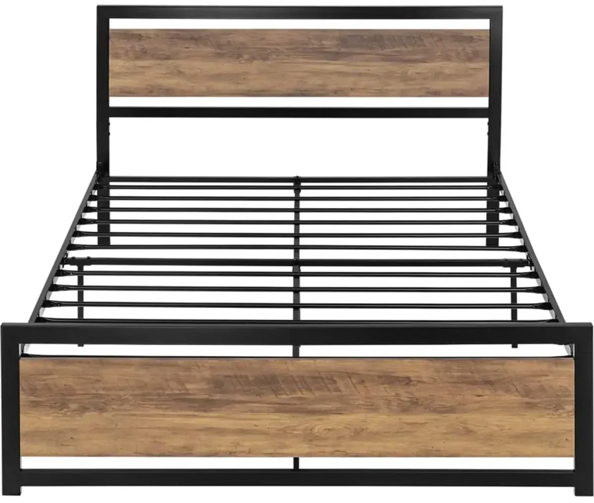 QuikFurn Full Metal Platform Bed Frame with Brown Wood Panel Headboard and Footboard