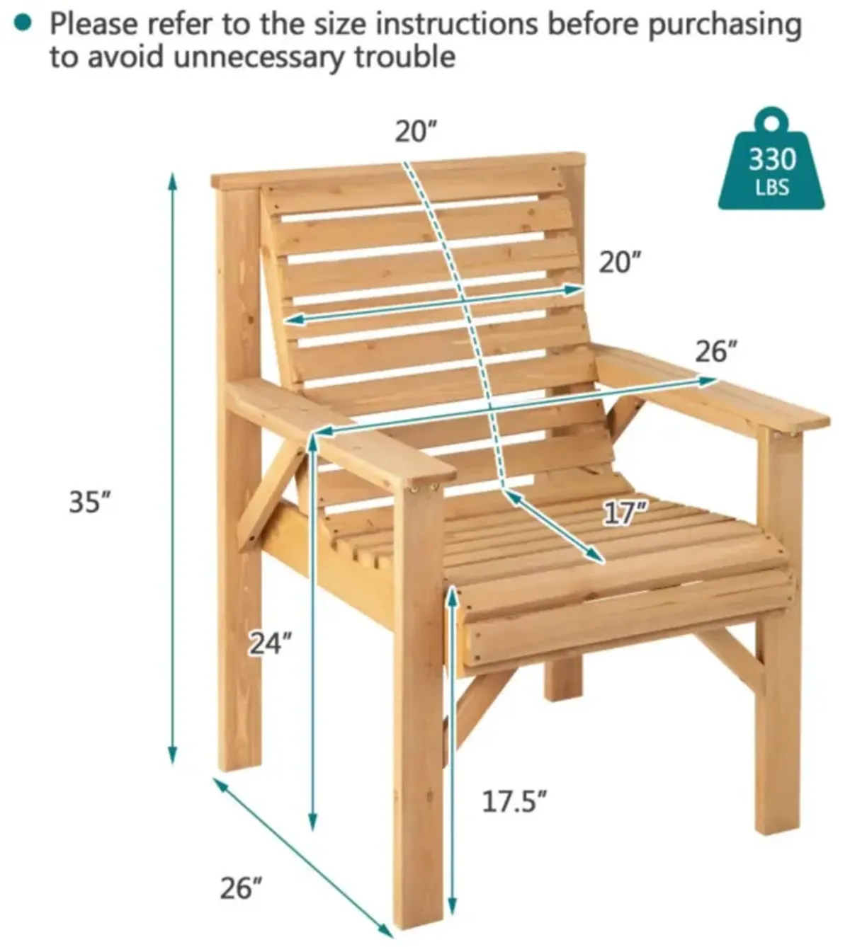 Hivvago Outdoor Solid Fir Wood Chair with Inclined Backrest