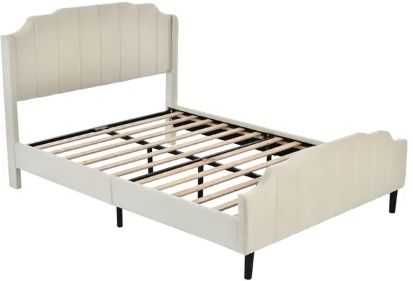 Queen Size Upholstered Platform Bed with Headboard and Footboard, No Box Spring Needed, Velvet Fabric, Beige
