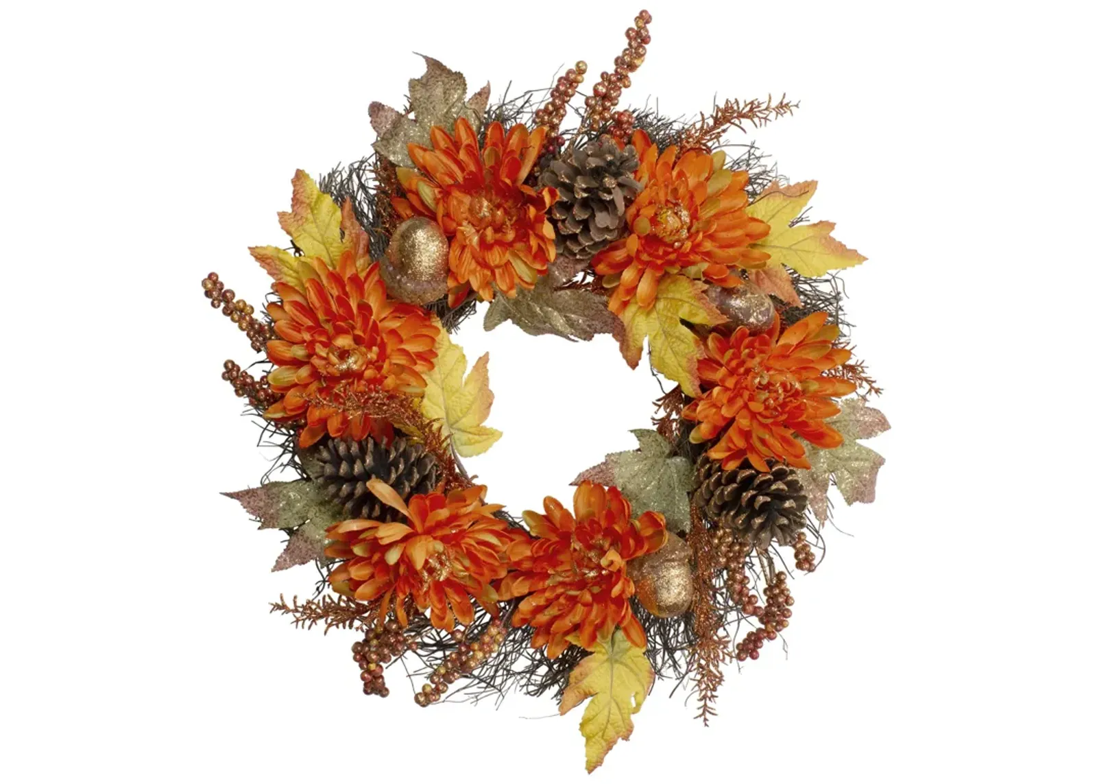 Mums and Acorns Artificial Floral Twig Wreath  22-Inch  Unlit