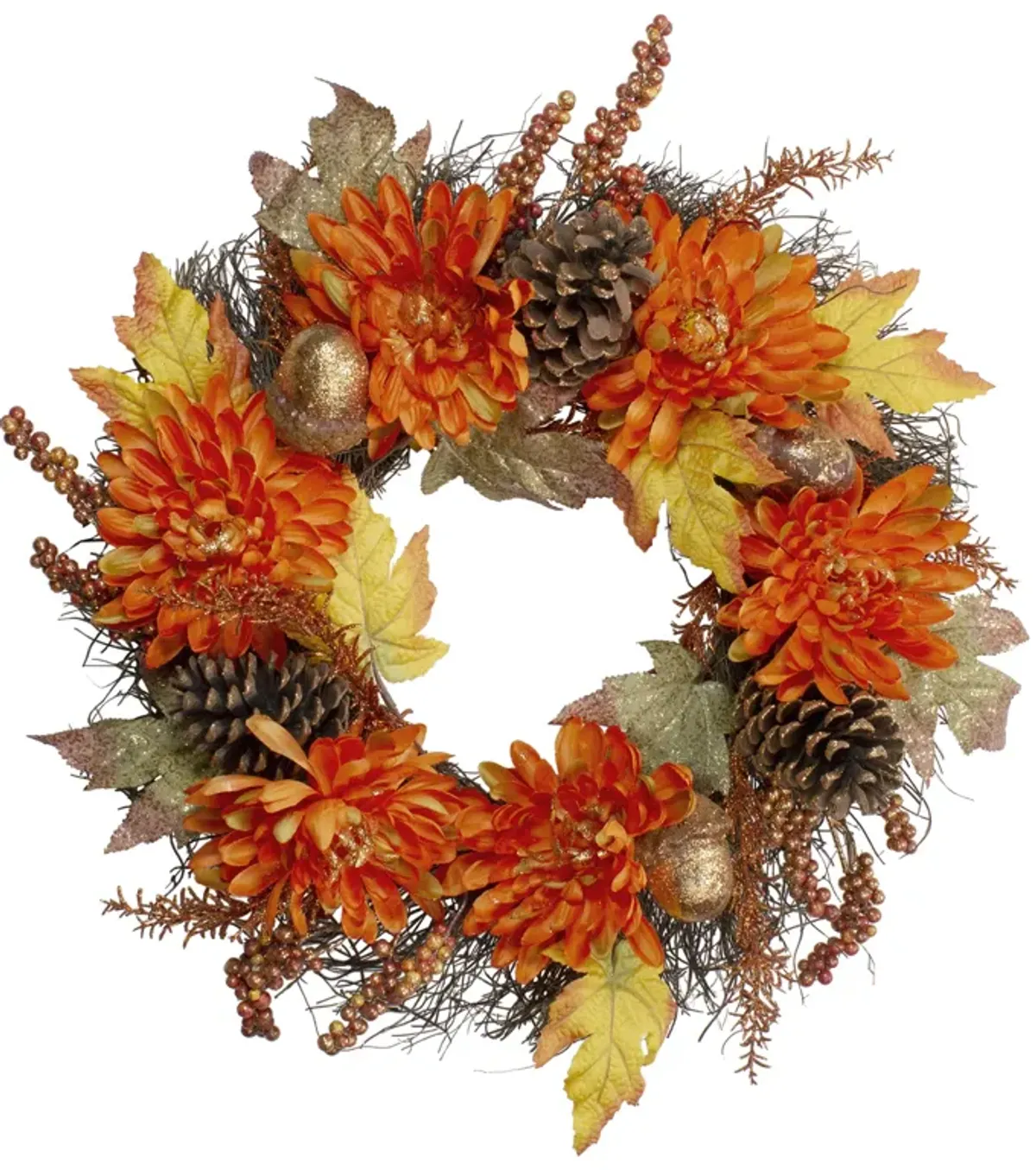 Mums and Acorns Artificial Floral Twig Wreath  22-Inch  Unlit