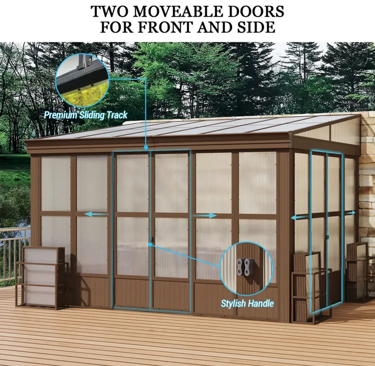 MONDAWE 10x12FT Lean to Sunroom Wall Mounted Solarium with Sloping Polycarbonate Roof, Detachable Screens and 2 Lockable Sliding Doors