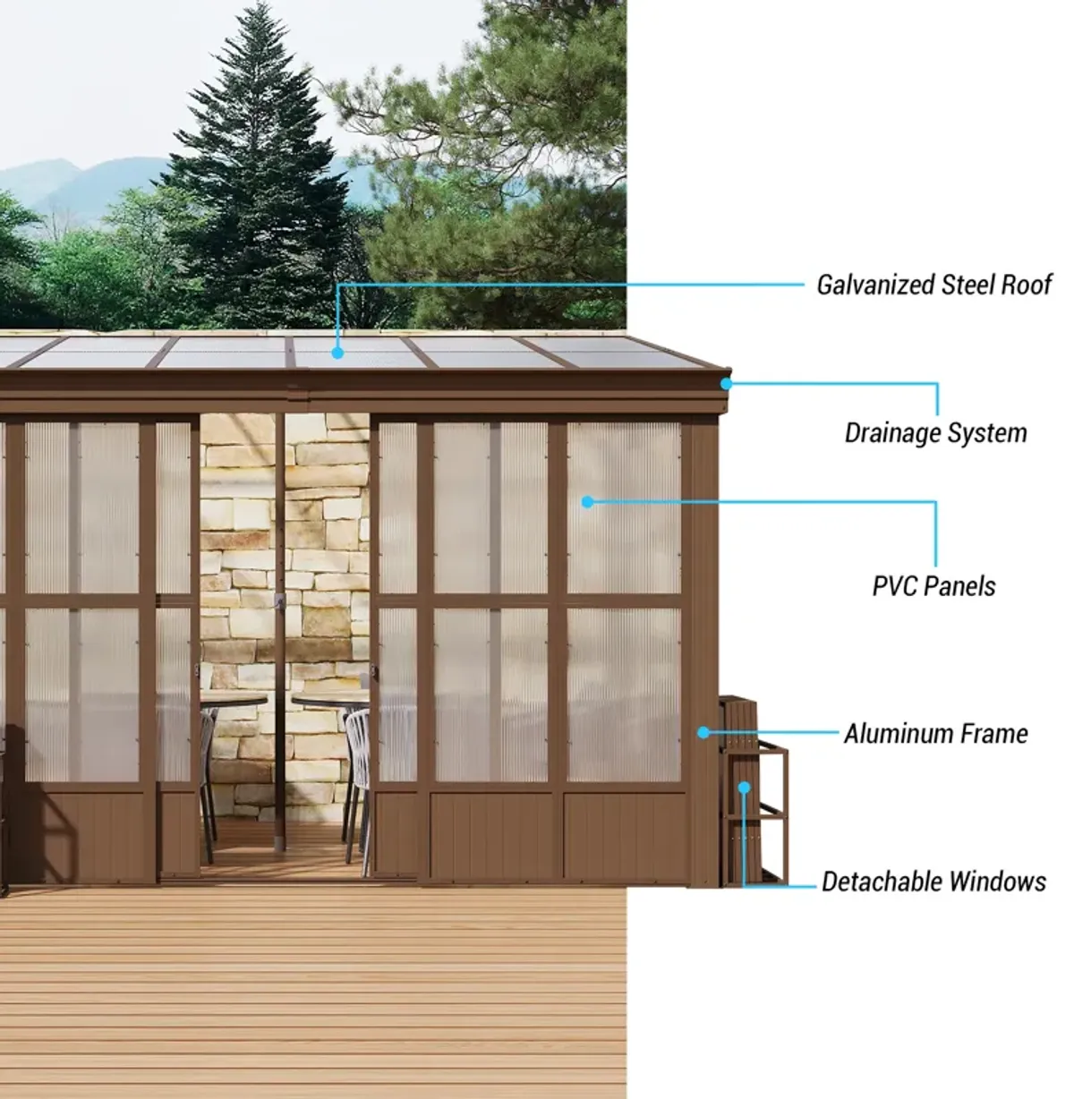 MONDAWE 10x12FT Lean to Sunroom Wall Mounted Solarium with Sloping Polycarbonate Roof, Detachable Screens and 2 Lockable Sliding Doors