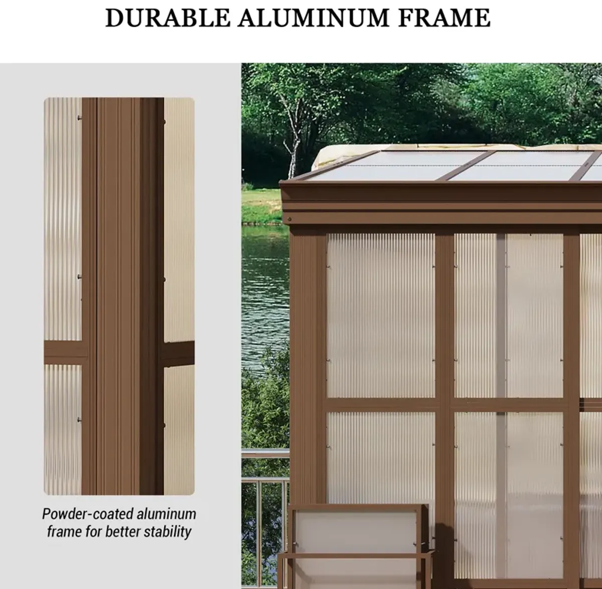 MONDAWE 10x12FT Lean to Sunroom Wall Mounted Solarium with Sloping Polycarbonate Roof, Detachable Screens and 2 Lockable Sliding Doors