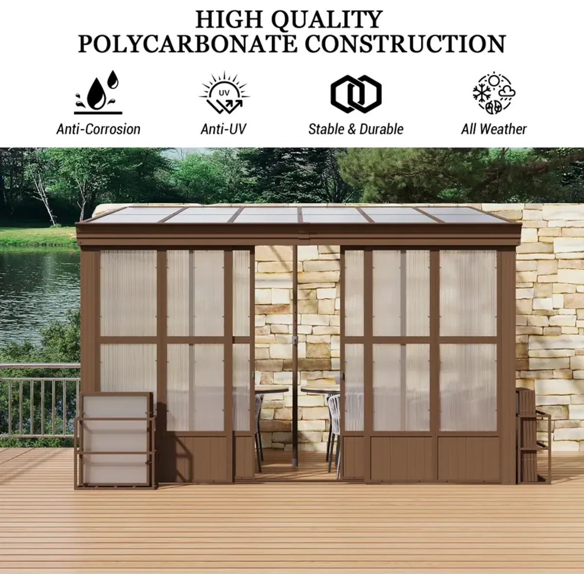 MONDAWE 10x12FT Lean to Sunroom Wall Mounted Solarium with Sloping Polycarbonate Roof, Detachable Screens and 2 Lockable Sliding Doors