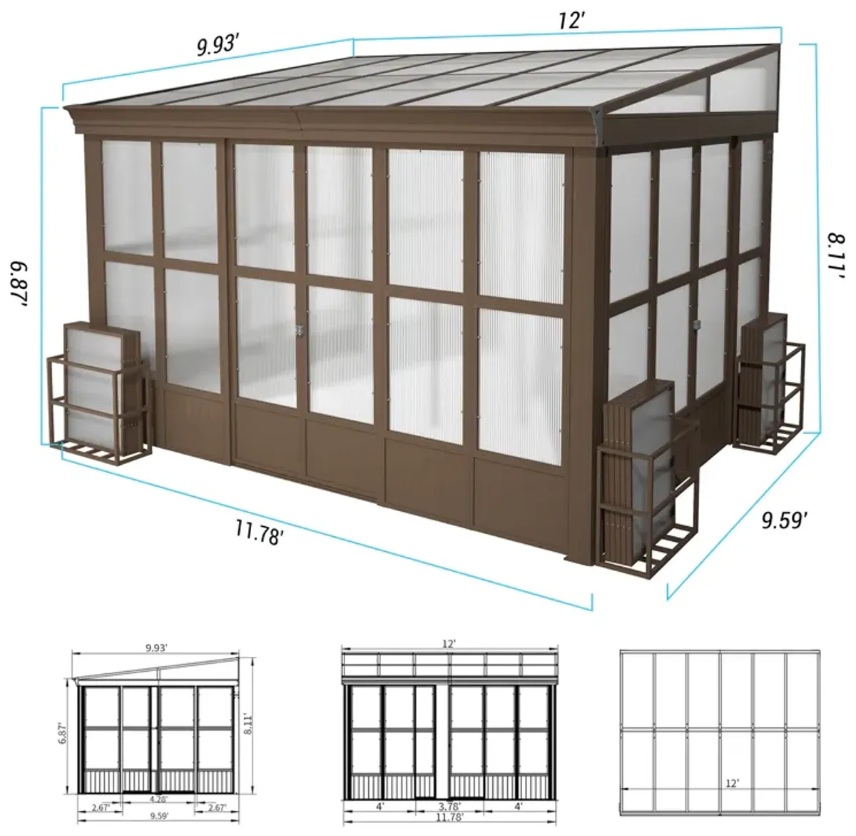 MONDAWE 10x12FT Lean to Sunroom Wall Mounted Solarium with Sloping Polycarbonate Roof, Detachable Screens and 2 Lockable Sliding Doors