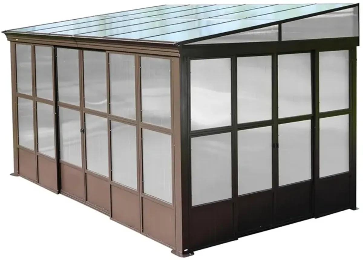 MONDAWE 10x12FT Lean to Sunroom Wall Mounted Solarium with Sloping Polycarbonate Roof, Detachable Screens and 2 Lockable Sliding Doors