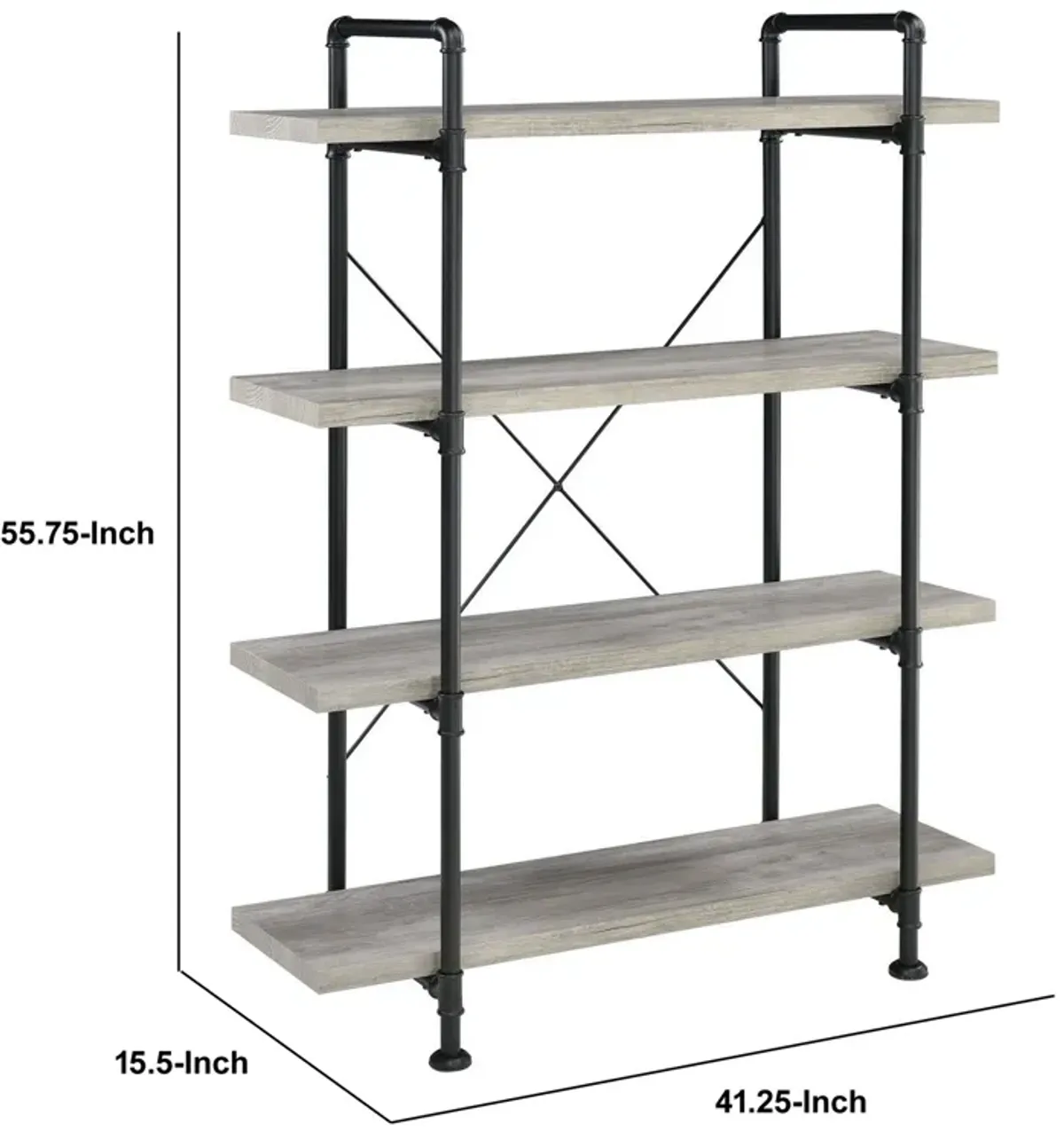 56 Inch 4 Tier Metal and Wooden Bookcase, Black and Gray-Benzara