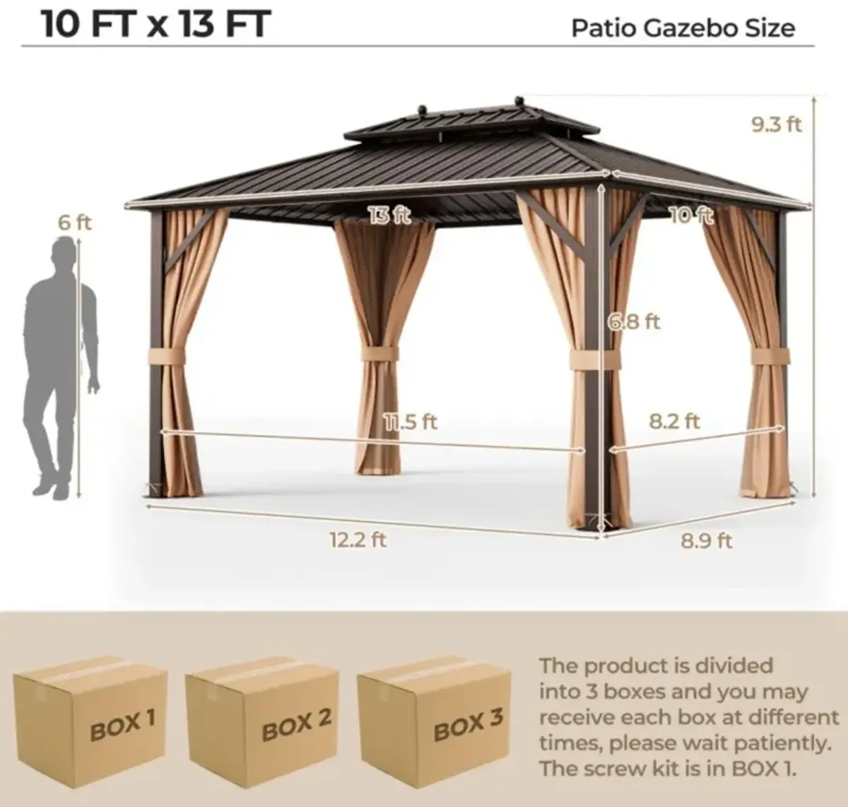 Hivvago 10x13ft Double-Roof Patio Hardtop Gazebo with Galvanized Steel Roof Netting and Curtains-Coffee