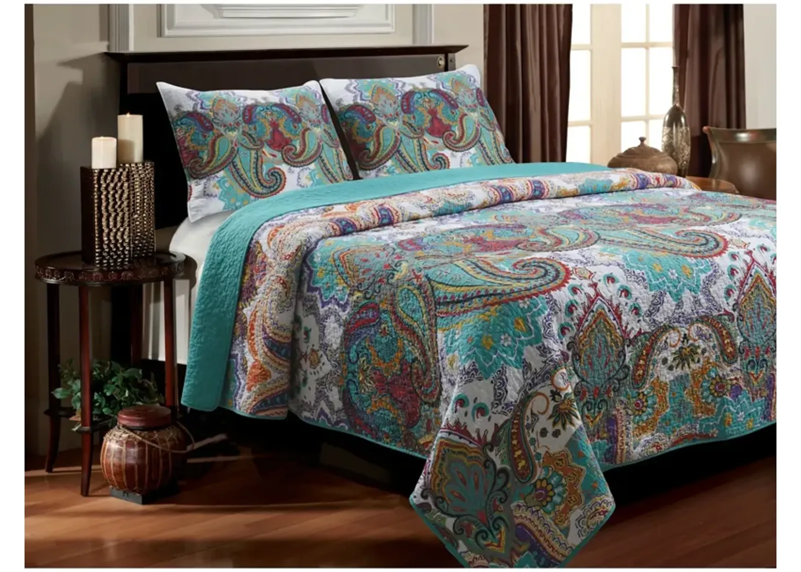 QuikFurn Twin size 3-Piece Cotton Quilt Set in Teal Multi-Color Paisley Pattern