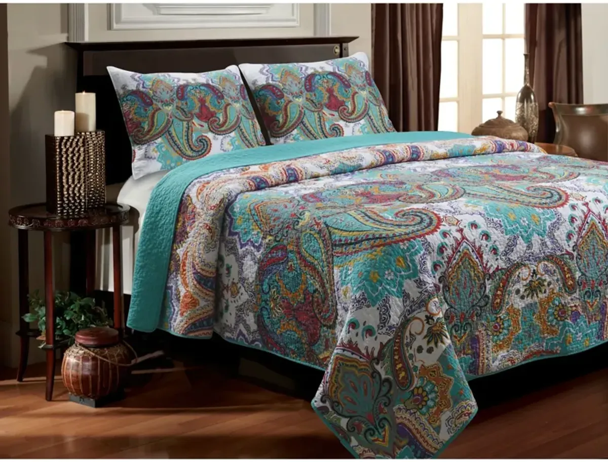 QuikFurn Twin size 3-Piece Cotton Quilt Set in Teal Multi-Color Paisley Pattern