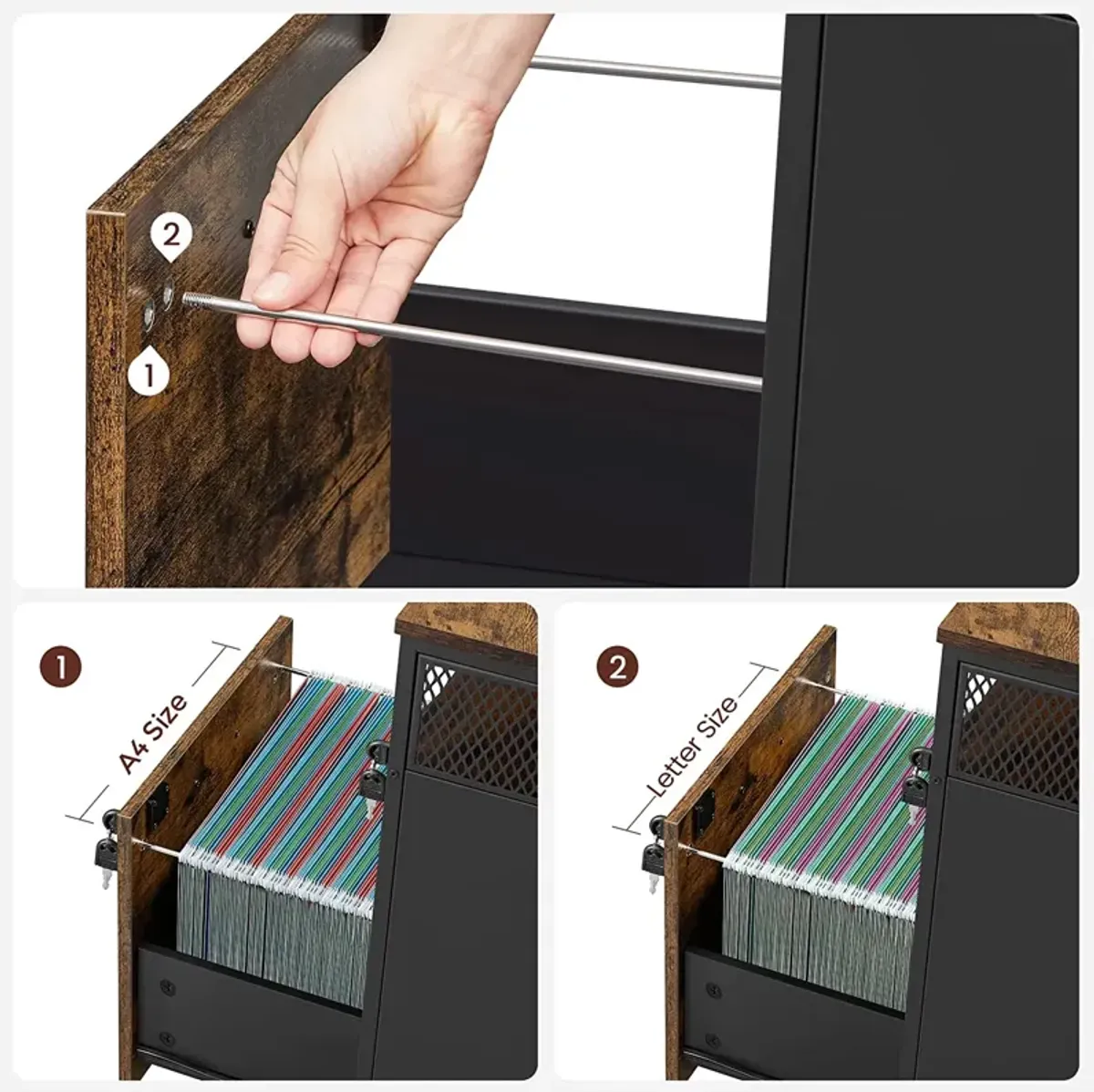 Secure File Cabinet with Lock and 2 Storage Drawers for Hanging File Folders