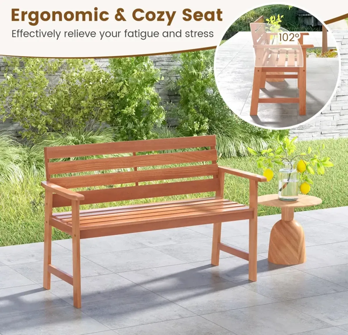 Patio Hardwood Bench Wood 2-Seat Chair with Breathable Slatted Seat & Inclined Backrest