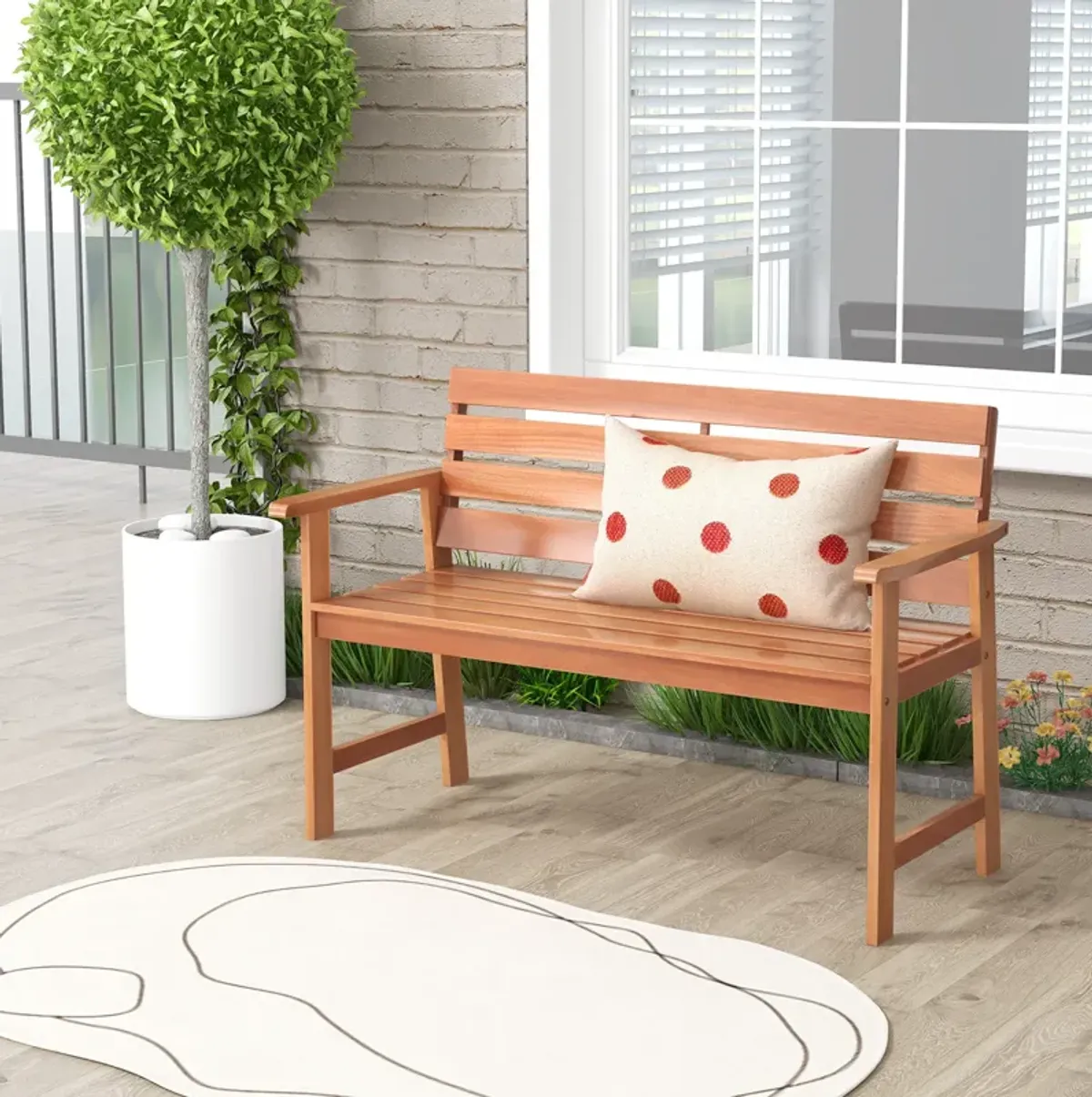 Patio Hardwood Bench Wood 2-Seat Chair with Breathable Slatted Seat & Inclined Backrest