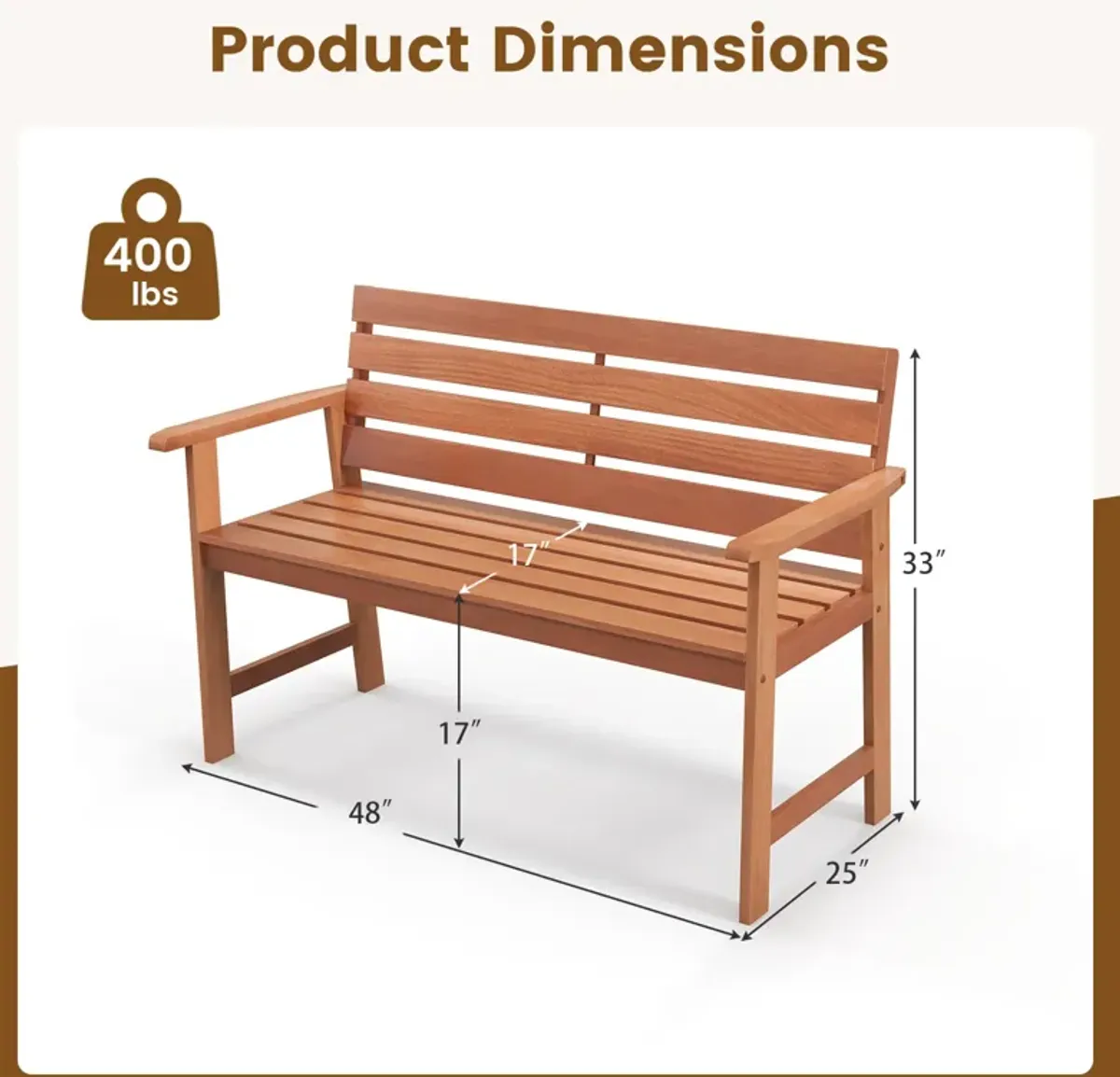 Patio Hardwood Bench Wood 2-Seat Chair with Breathable Slatted Seat & Inclined Backrest