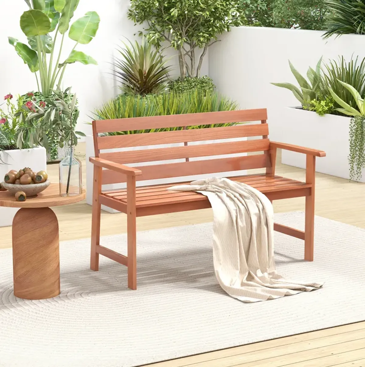 Patio Hardwood Bench Wood 2-Seat Chair with Breathable Slatted Seat & Inclined Backrest